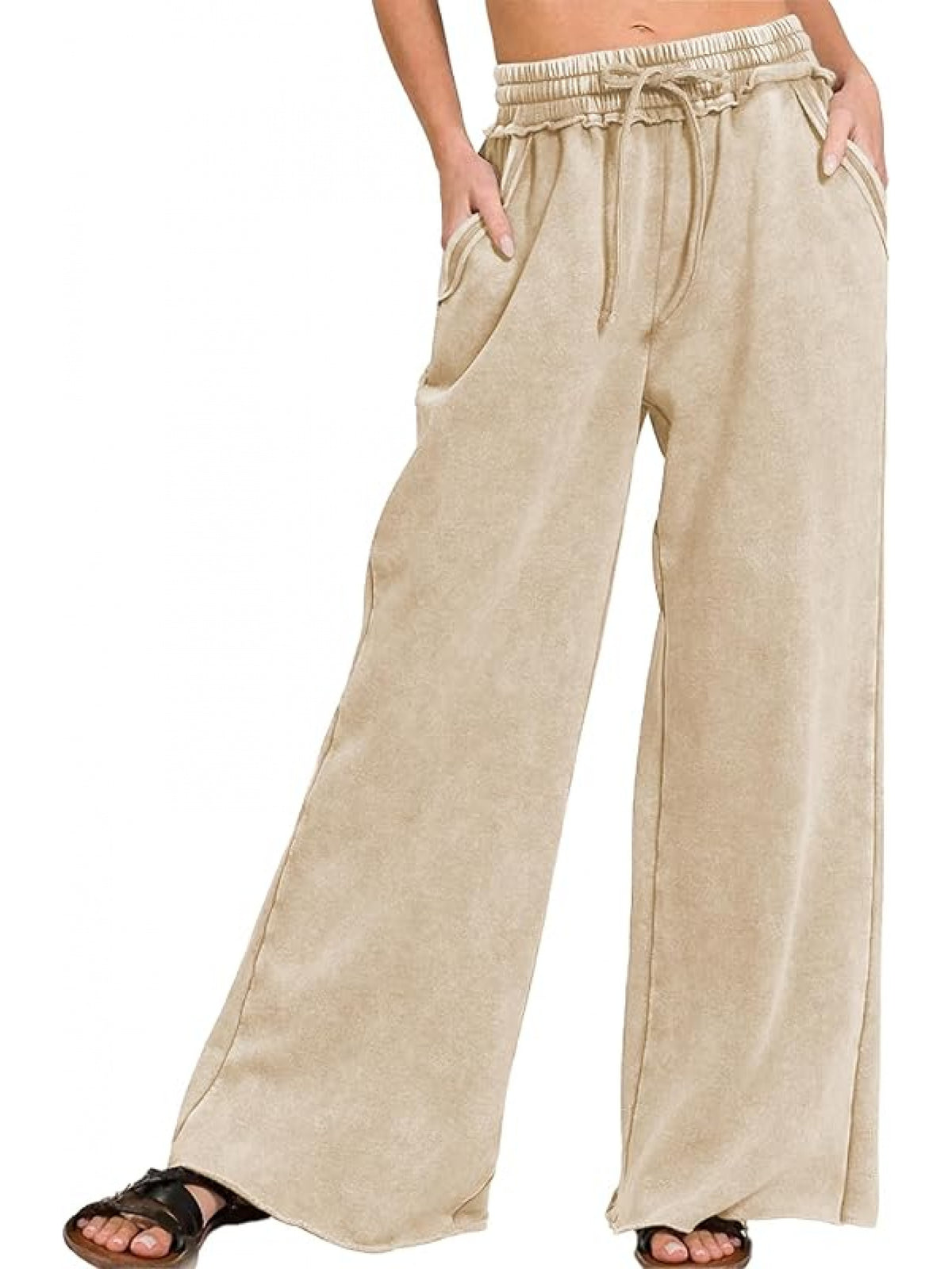 Acid Wash Palazzo Sweatpants Women High Waist Drawstring Wide Leg Pants Pockets Black Blue Sage Green