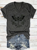 Dragonfly Print V-Neck T-Shirt for Women - Short Sleeve Casual Applique Top Spring Summer Soft Stretch Tee Gift for Her