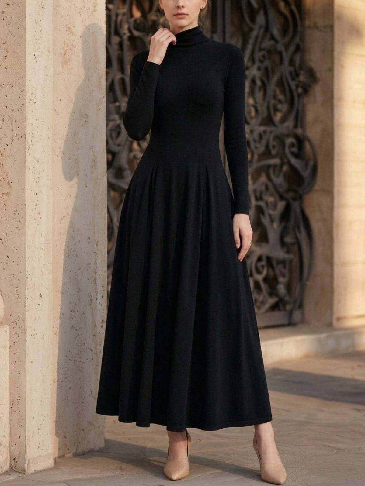 High Neck Long Sleeve Fitted Maxi Dress Women Elegant Black Pleated Hem Office Date Fall Winter Formal Dress Smooth Fit S-XXL