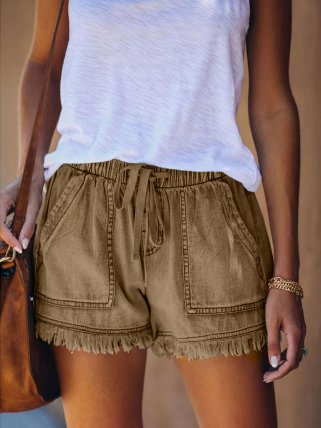 Fringe Hem Denim Shorts Women Elastic Waist High Rise Stretch Comfort Fit Casual Summer Bottoms Pink Khaki