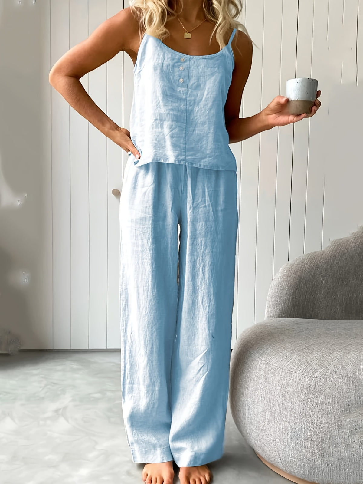 Camisole Pants Two-Piece Set Women Sleeveless Loose Fit Elegant Coord Outfit | Chic Feminine Matching Set for Summer Spring Casual Daily Wear & Vacation
