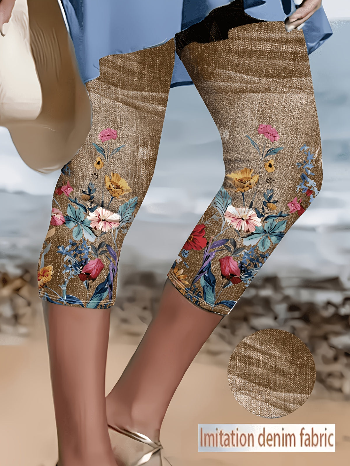 Faux Denim Print Capri Leggings for Women – Imitation Denim Floral Pattern 3/4 Length, Mid-Stretch Knit, Elegant Party Vacation Commute, 5 Colors S-XXL