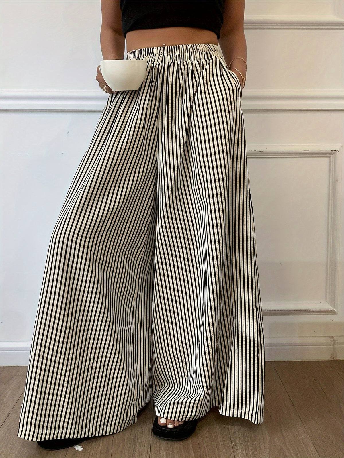 Striped Wide Leg Pants Women Elastic Waist Vertical Stripe Casual Trousers Comfortable Year Round Wear Machine Washable