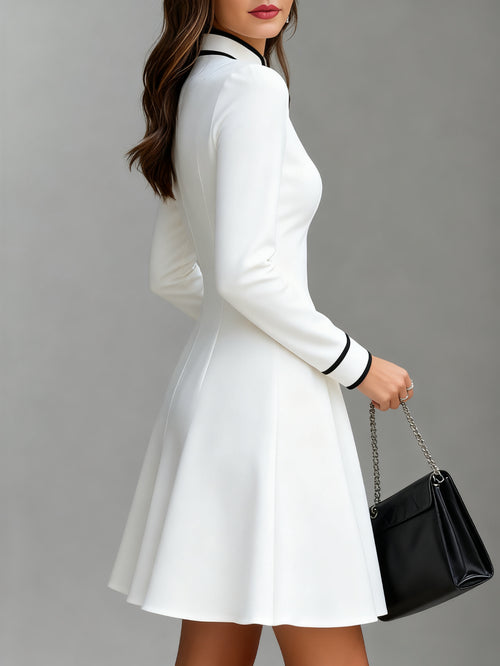 Color Contrast Zipper A-Line Dress Women Elegant Formal Work Office Party Midi Dress Light Luxury Sophisticated