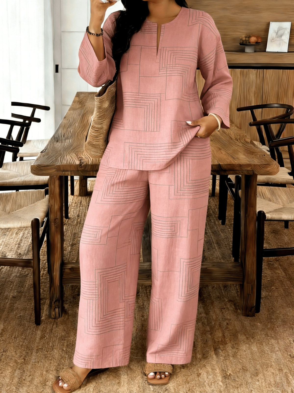 Women's 2-Piece Casual Suit Set V-Neck Loose Fit Top & Casual Pants Daily Wear Matching Outfit