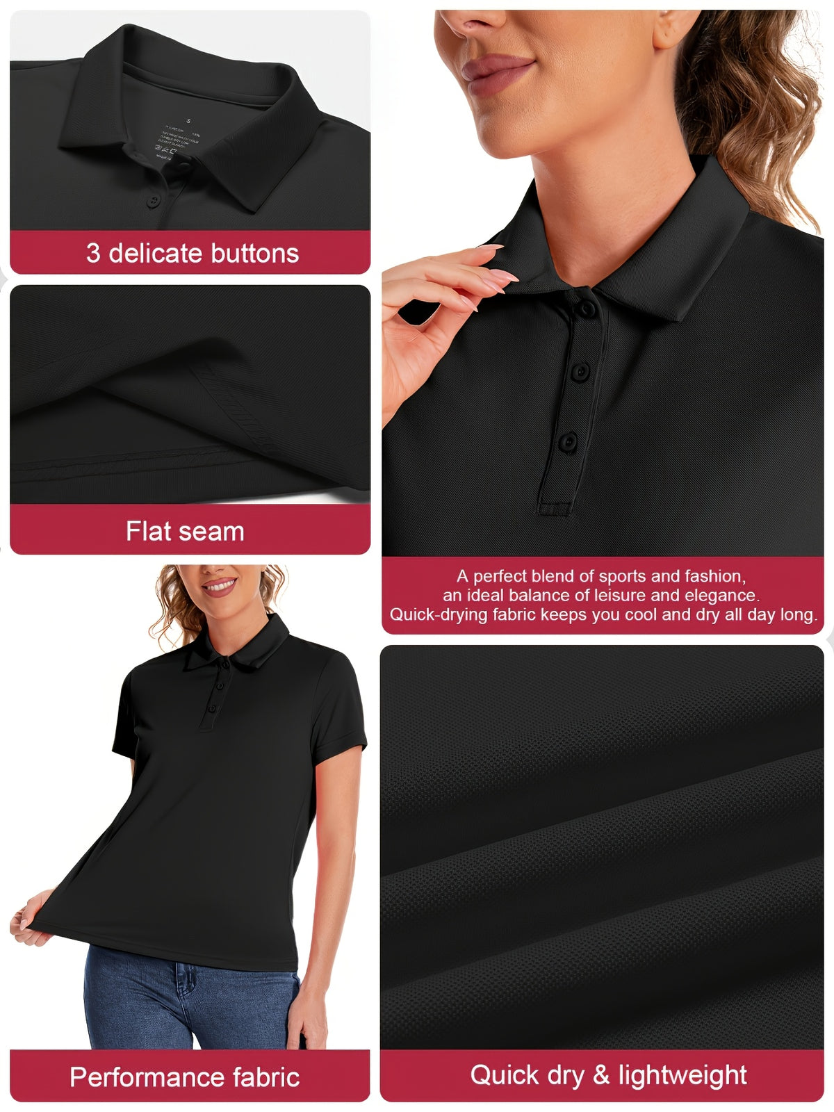 5 Pack Women's Polo Shirts Short Sleeve 3-Button Collared Moisture-Wicking Uniform Tops Work Casual Spring Summer Fall 100% Polyester
