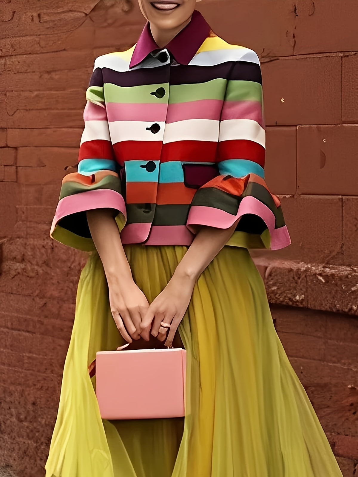 Vintage Striped Lapel Jacket Women Flared Sleeve Multi Color Elegant Party Evening Outerwear Spring Fall Colorful