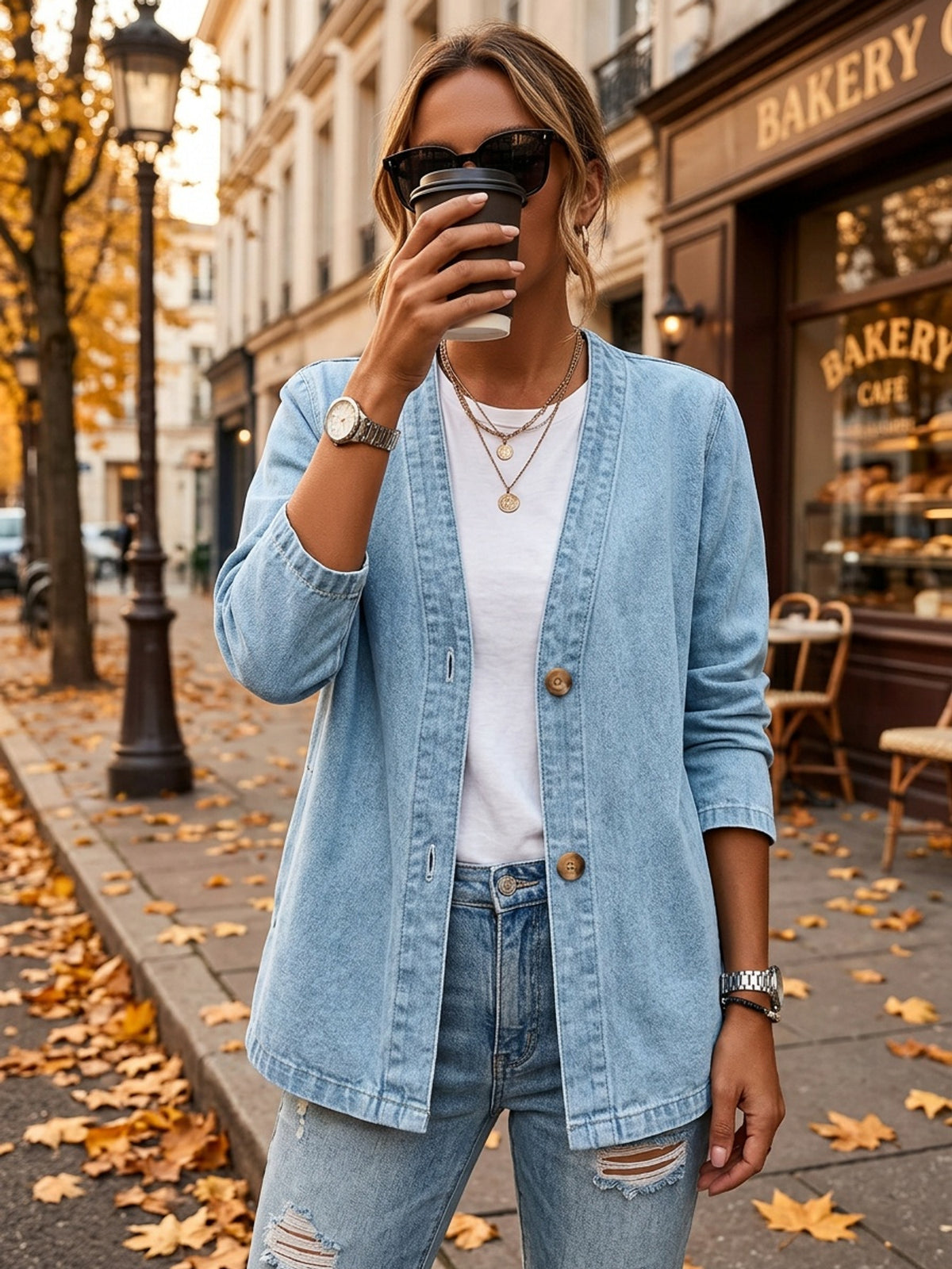 Denim Cardigan Jacket Women Loose Slim Fit Casual Open Front Spring Commute Travel Daily Outerwear Light Blue
