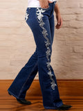 Boot Cut Jeans Women Dark Blue Printed Side Design Flare Denim Pants Casual Streetwear Y2K Fashion Bottom