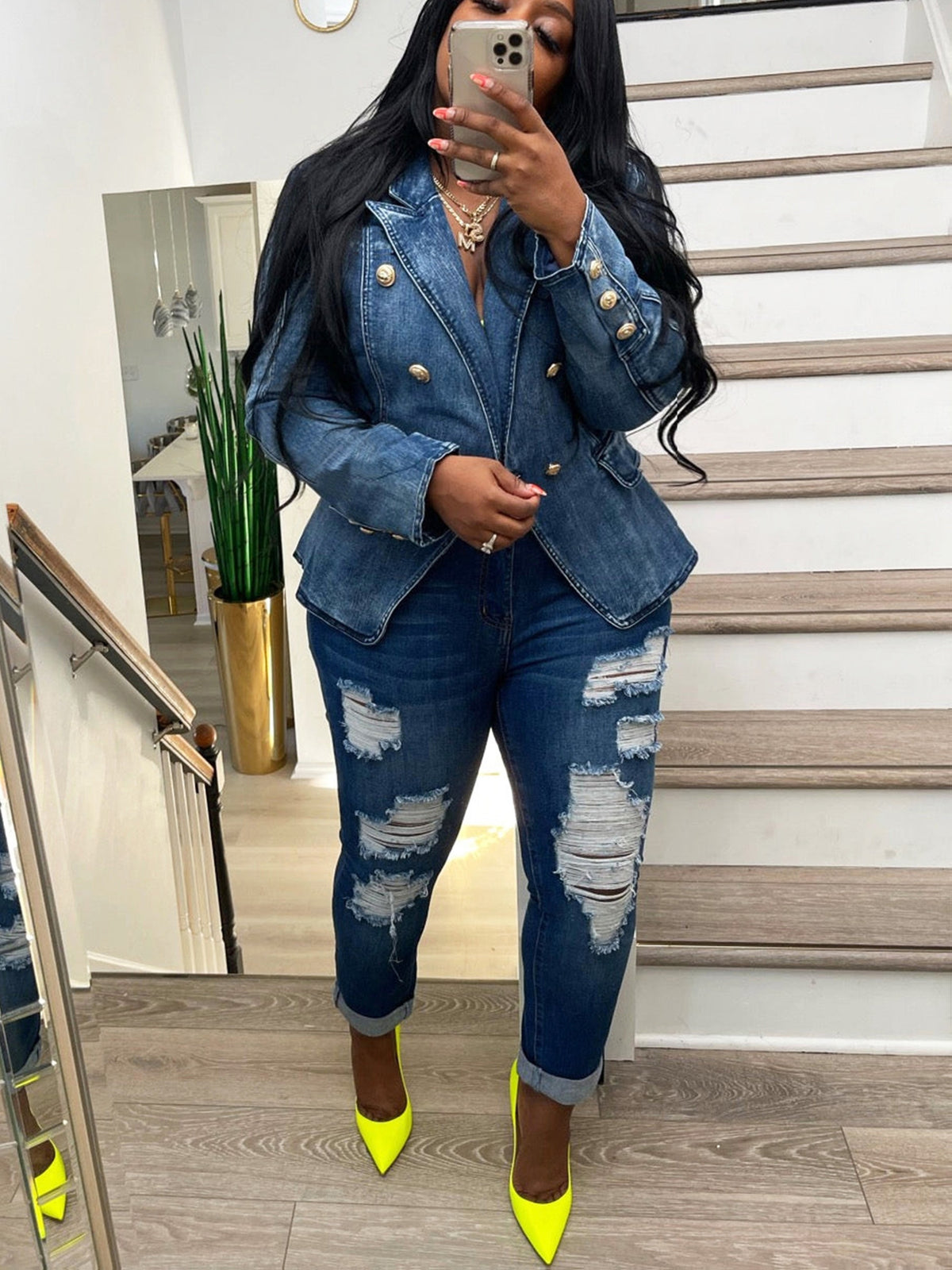 Denim Blazer Women Business Casual Lapel Double Breasted Long Sleeve Jean Jacket Structured Coat for Work Office Everyday Wear
