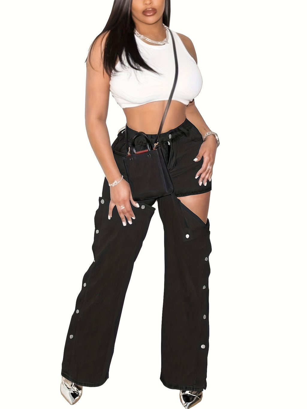 Women's Wide-Leg Boyfriend Jeans Low Rise Straight Leg Ripped Raw Hem Washed Denim S-XXL