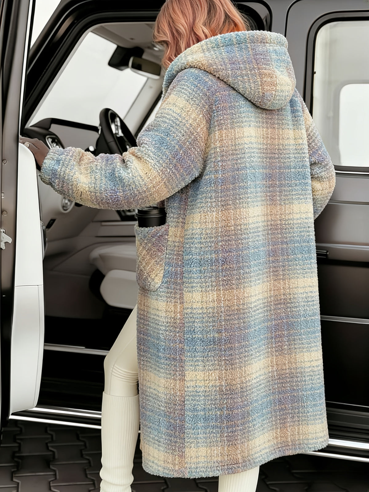 Plaid Color Block Velvet Home Jacket Women Warm Long Coat Cute Sweet Lounge Wear Autumn Winter Pink Grey Black S-XL