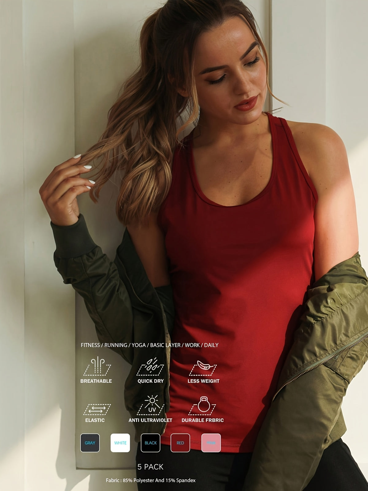 Women Tank Tops 5 Pack Slim Fit Sleeveless Camisole Unpadded Breathable Solid Color Base Layer XS-XXL