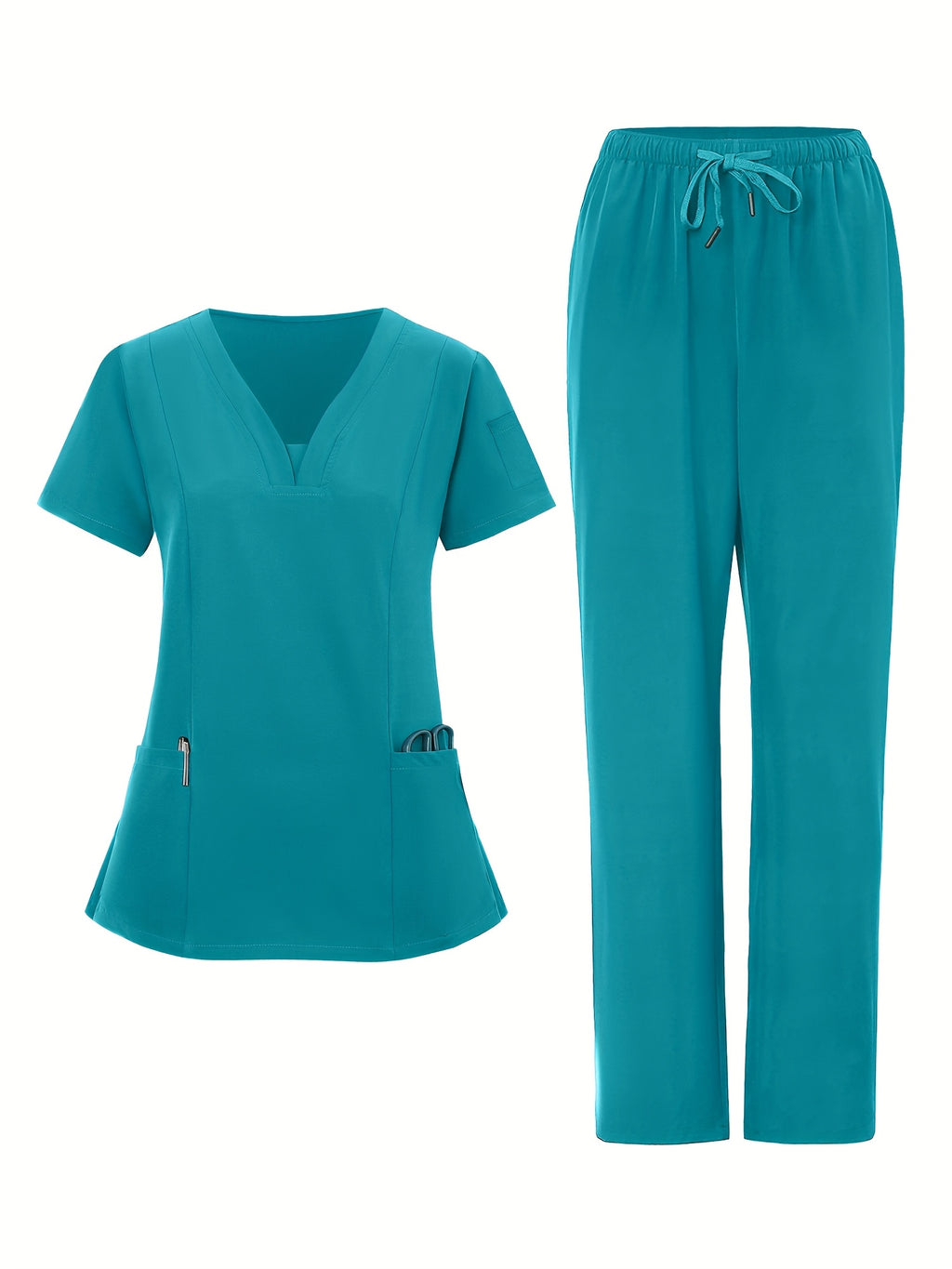 2pcs Women's V-Neck Work Uniform Set Breathable Pocket Top & Pants - Machine Washable Matching Scrub Suit for Healthcare, Education, Retail Casual Professional Attire