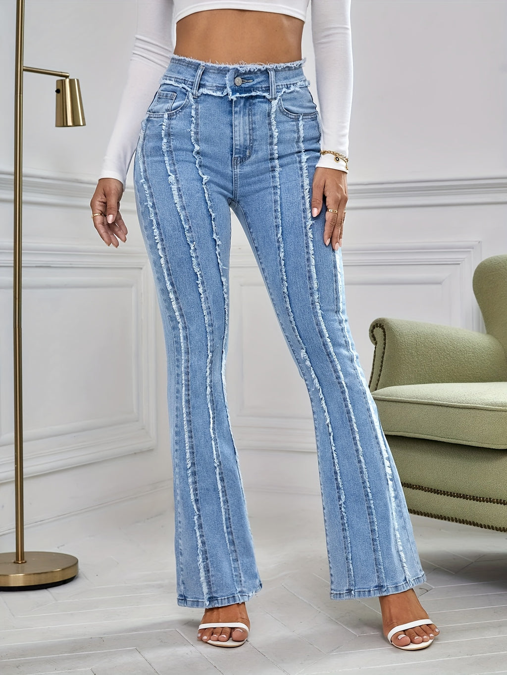 High Waist Stretch Bell Bottom Jeans Women Fringe Flare Denim Pants Outdoor All Season Light Blue Ginger XS-XL