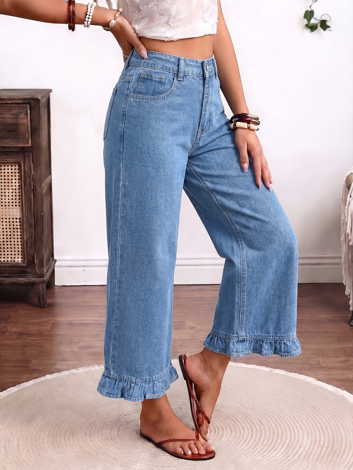 High-Waisted Capri Denim Jeans for Women - Elastic Waistband Ruffled Hem Straight-Leg Pants, Loose Comfortable Fit with Pockets for Casual Spring & Summer Wear