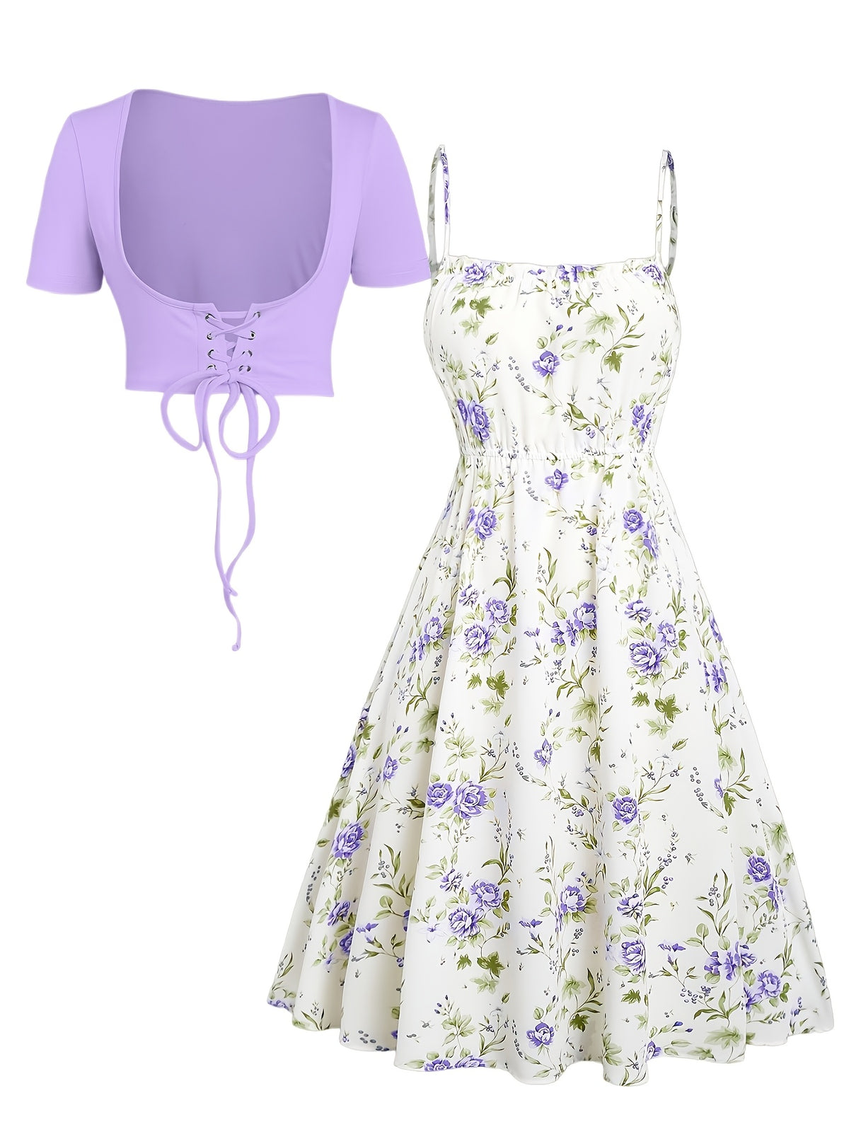 Women Floral Print Cami Dress and Lace Up Crop Top 2 Piece Set Sleeveless Waisted Summer Vacation Beach Casual Matching Outfit