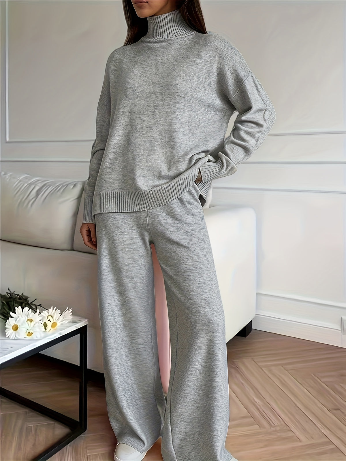 Turtleneck Knit 2-Piece Lounge Set for Women – Cozy Long Sleeve Textured Matching Set, Casual Fall Winter Loungewear Outfit for Relaxed Days & Outings