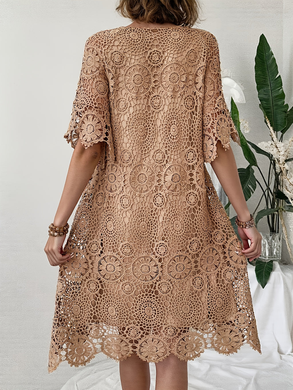 Hollow Out Lace V-Neck Short Sleeve Dress for Women - Solid Color Lined Elegant Fashion Dress, 100% Polyester Micro-Elastic Spring Summer Fall S-XXL