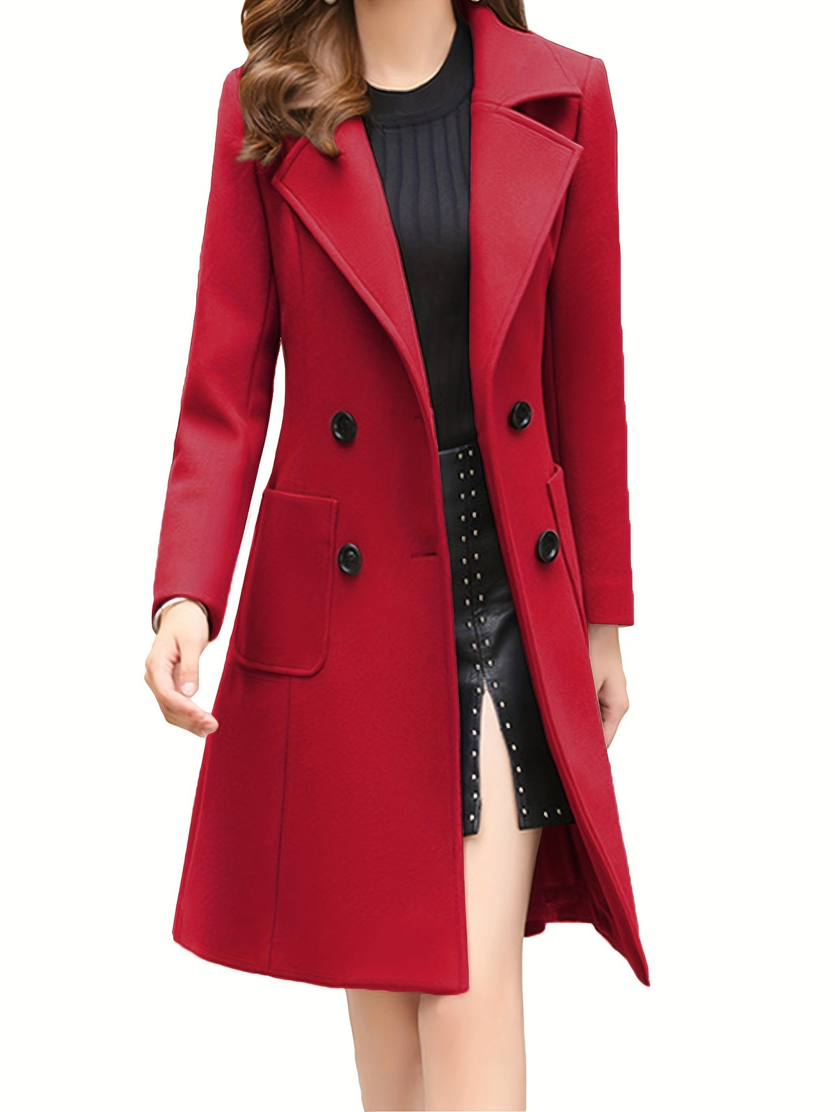 Mid Length Double Breasted Lapel Coat for Women, Suede PU Fabric Lined Winter Overcoat, Elegant Transitional Spring Fall Long Jacket, Classic Chic Women's Trench Coat