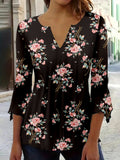 Floral V-Neck Blouse Women Elegant Black Polyester Long Sleeve Button Top All Season Machine Washable Casual Chic Shirt S-XXL