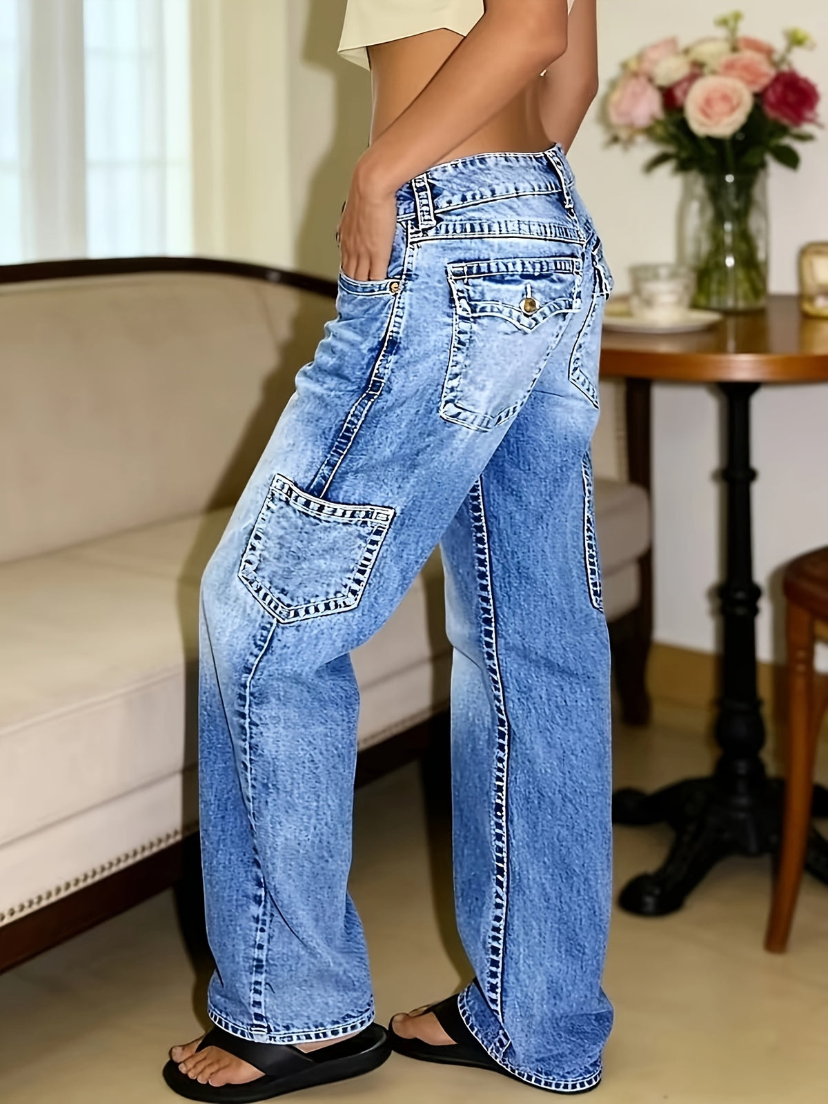 Vintage Washed Mid Waist Stretch Loose Straight Leg Jeans Women Retro Workwear Denim Pants Multi Pocket Classic Blue S-XXL