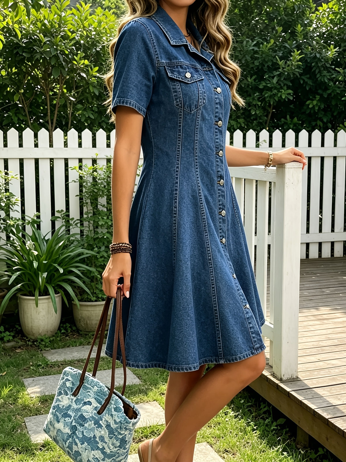 A-Line Denim Mini Dress Women Retro Polo Collar Short Sleeve Figure-Hugging Casual Dress Medium Blue S-XXL