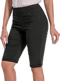 High Waist Bermuda Shorts Women Stretchy Pull On 5 Pockets Cuffed Hem Non See Through Machine Washable Office Casual All Season XS-XXL