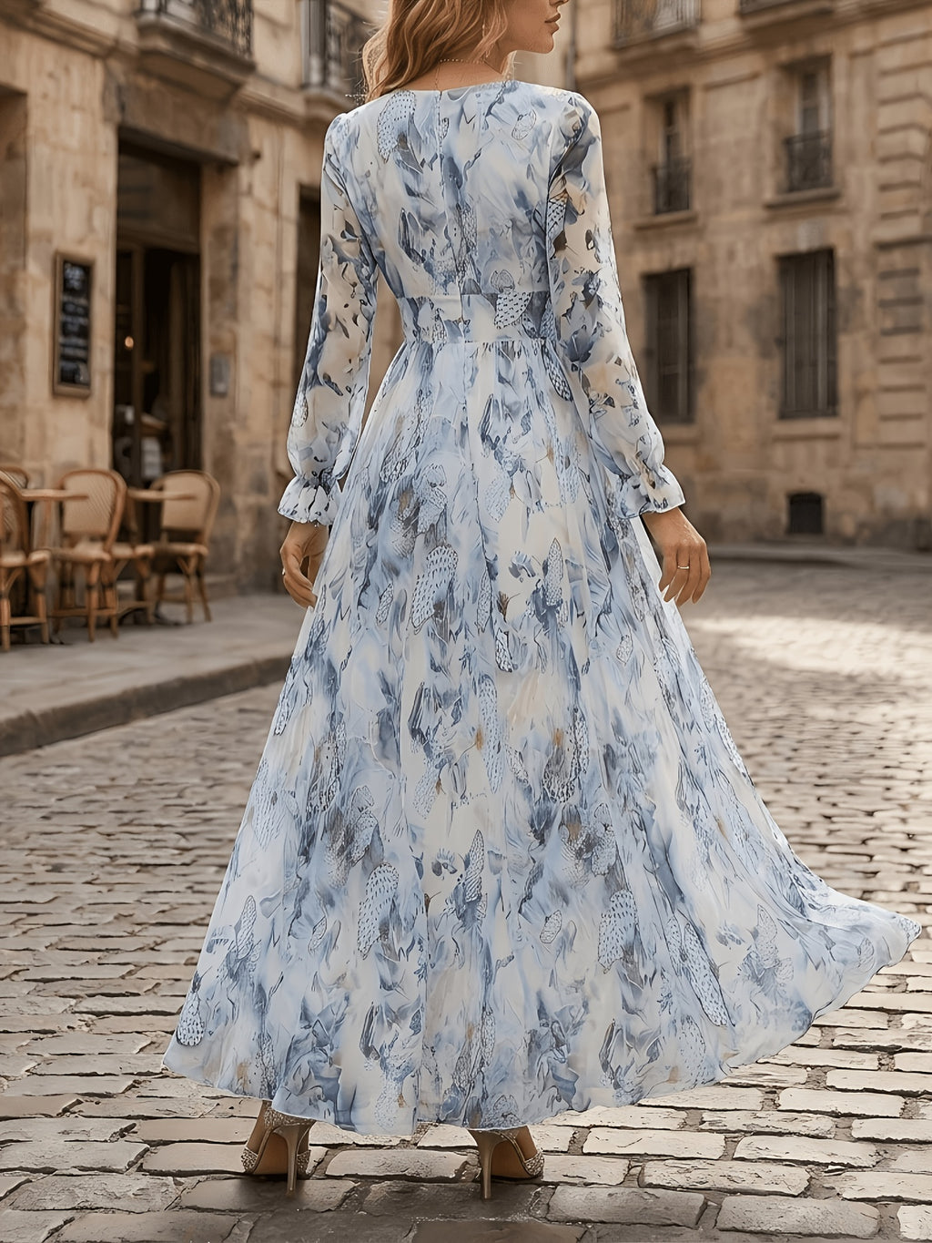 Long Sleeve Floral Maxi Swing Dress Women V-Neck Ankle Length A-Line Pendulum Chiffon Elegant Spring Fall Dress S-XXL