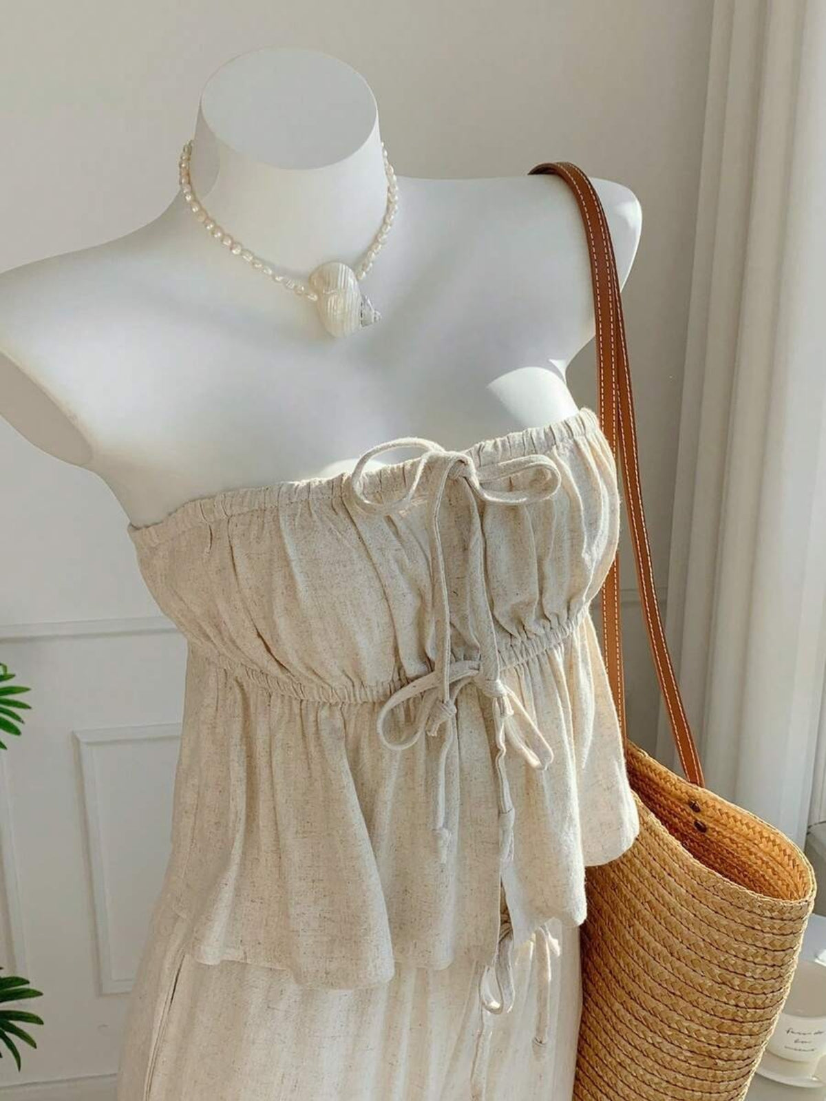 Strapless Tie Cropped Top and Wide Leg Pants 2pcs Set Women Spring Summer Vacation Casual Fresh Outfit S-XXL
