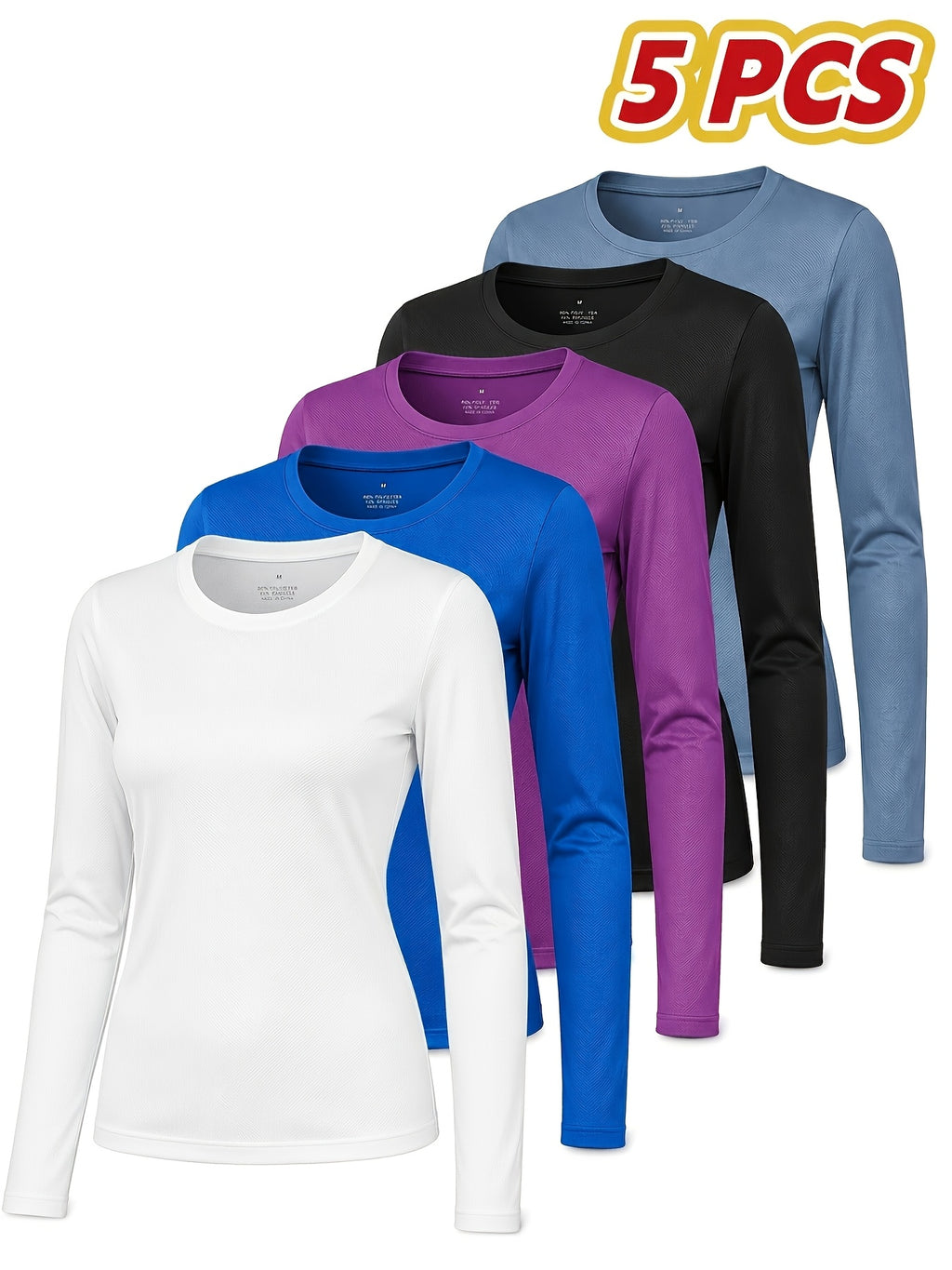 5-Pack Long Sleeve Women T-Shirts V-Neck Moisture-Wicking Breathable High Stretch Outdoor Solid Color Top Four Seasons Assorted Colors