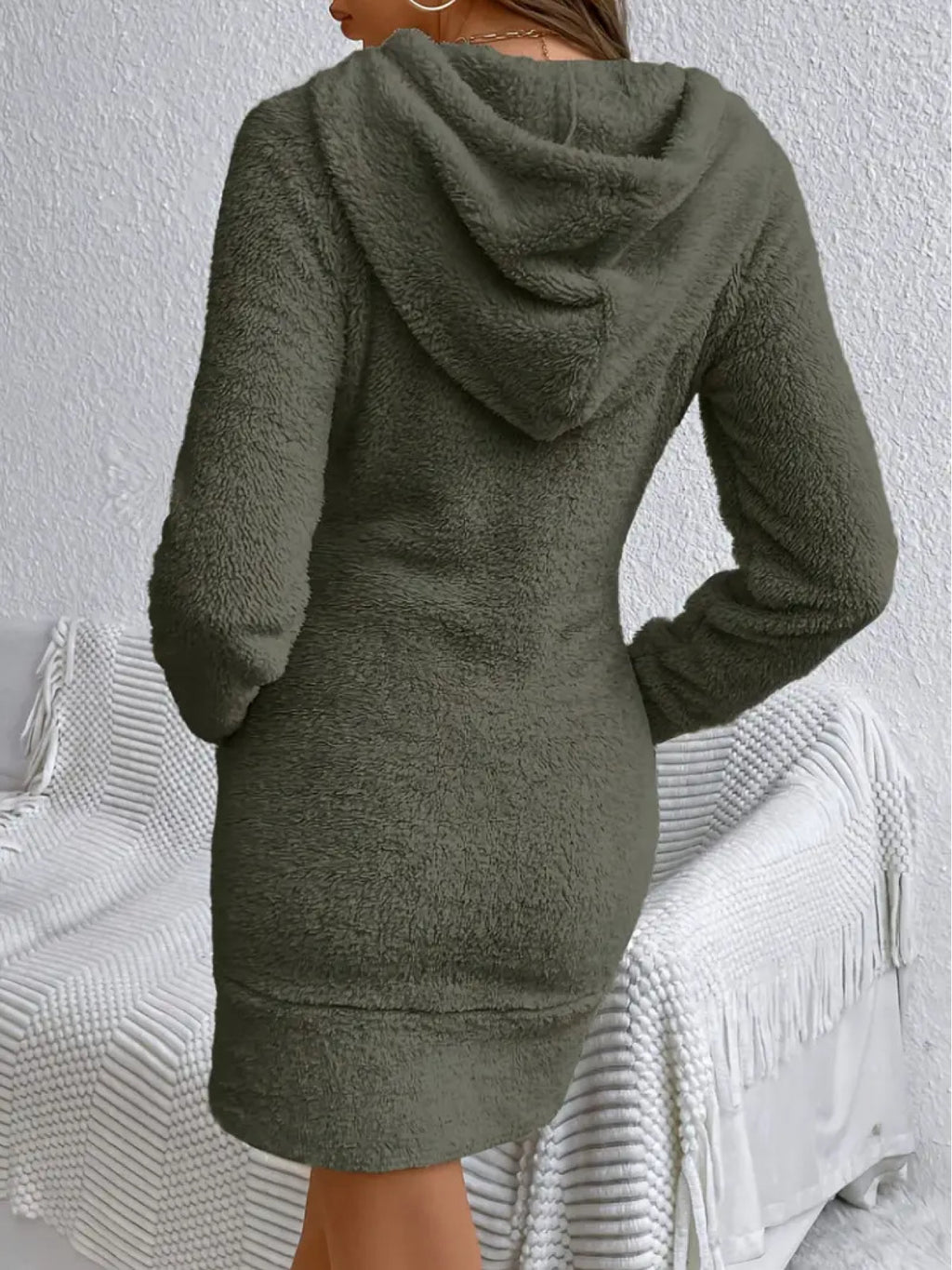 Hoodie Sweatshirt Dress Women Long Sleeve Pullover Casual Drawstring Pocket Knit Dress Ivory White Black Red Olive S-XXL