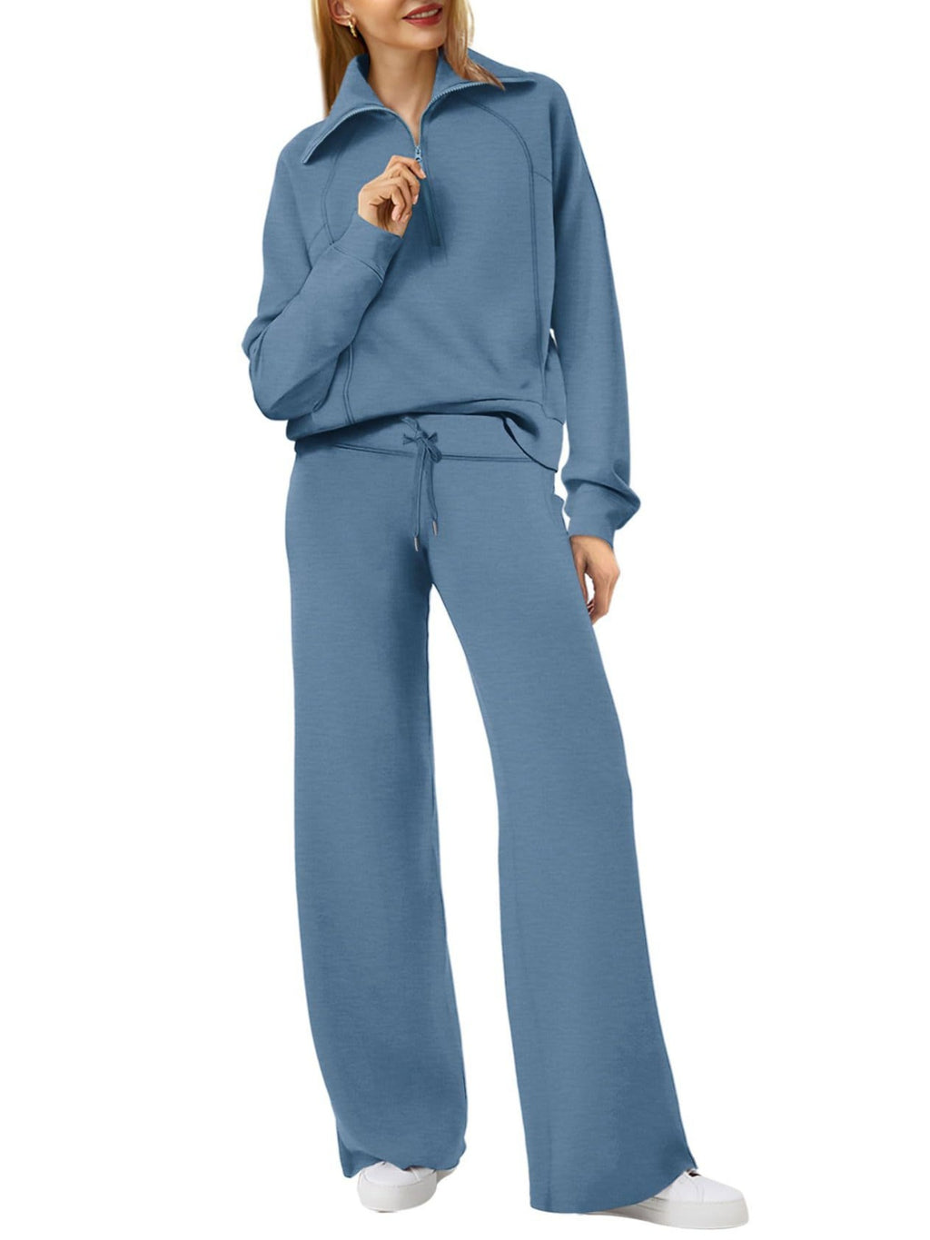 Zipper Sweatshirt Wide-Leg Pants 2 Piece Set Women Casual Tracksuit Outfit for Spring Fall - Loose Fit Jogger Co-ord Set
