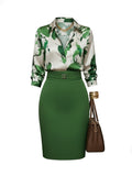 Dark Green Plant Print Shirt & High Waist Skirt Set Women Elegant Mature 2pcs Outfit | Workplace Commute Business Casual