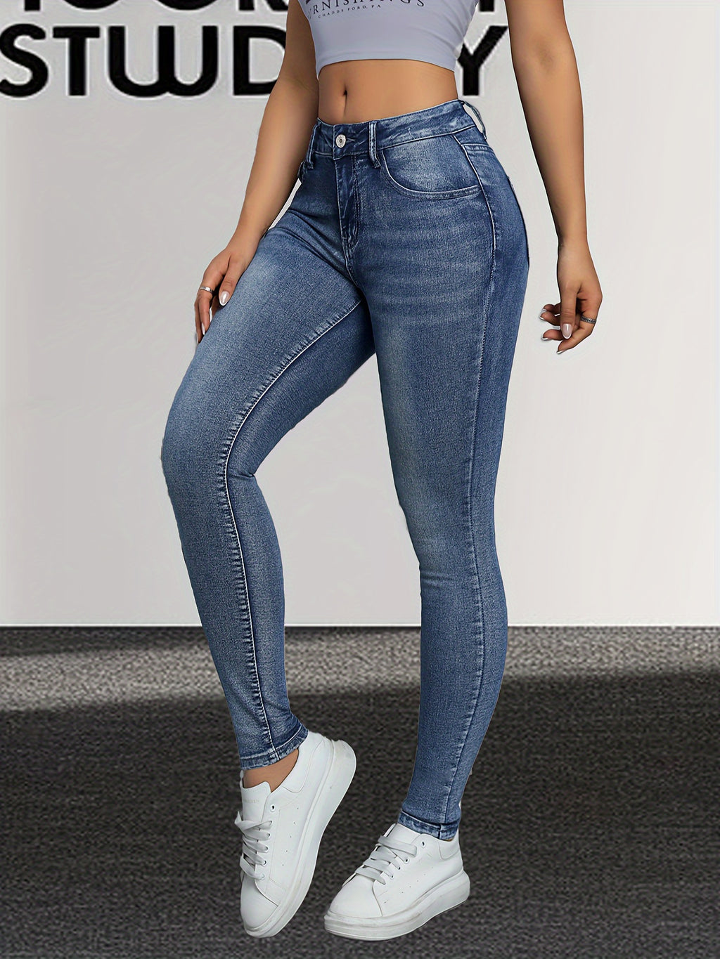 Vintage Blue Skinny Pants for Women High Waist Slim Fit Stretch Denim Casual Everyday Women's Clothing