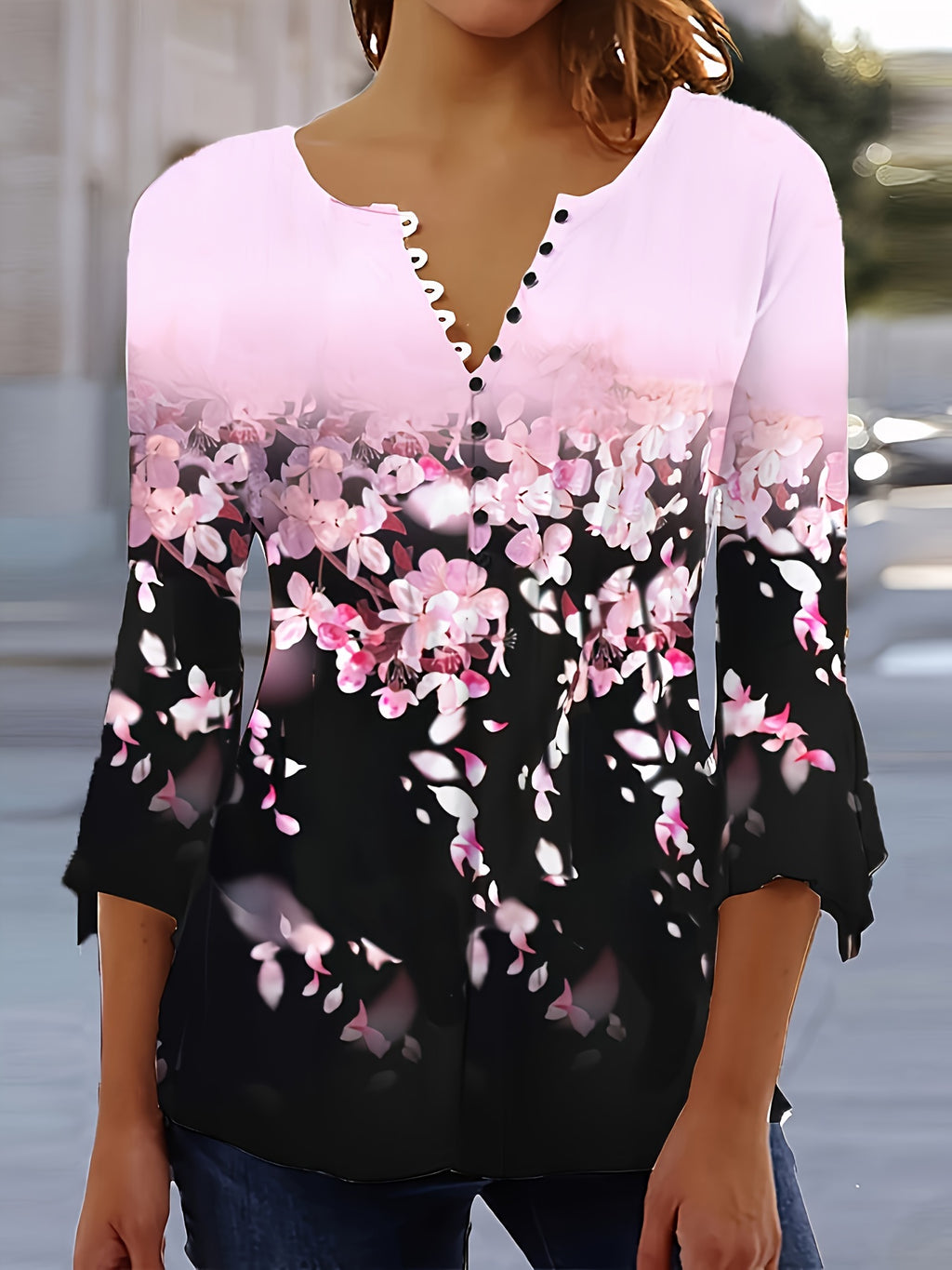 All-Over Print V-Neck Button Top Women Irregular Three Quarter Sleeve Stretchy Knit Casual Blouse Spring Fall S-XXL