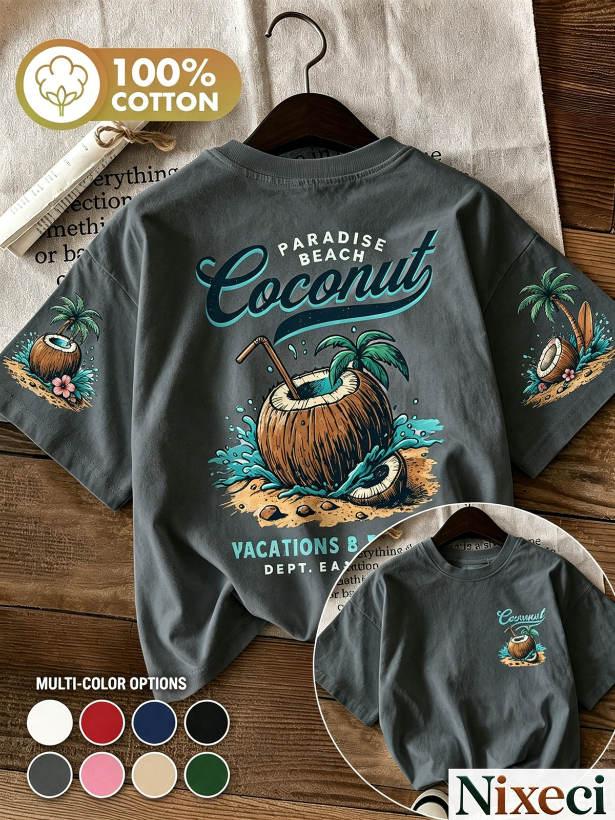 Tropical Palm Print T-Shirt for Women – Retro Hawaiian Coconut Tree Short Sleeve Crewneck Loose Beach Vacation Top, Casual Surfing Poolside Shirt
