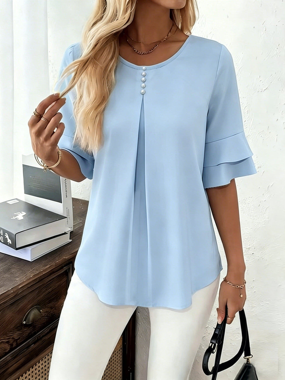 Flared Ruffle Sleeve Round Neck Blouse for Women – Loose Solid Color Button Top with 3/4 Bell Sleeves, Elegant Casual Spring Summer Shirt