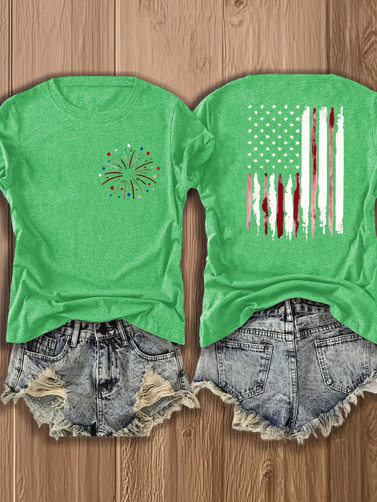 American Flag Print T-Shirt Women Patriotic Graphic Tee Short Sleeve Crew Neck | Fireworks USA Print Lightweight Breathable Top for 4th of July Summer Daily Wear