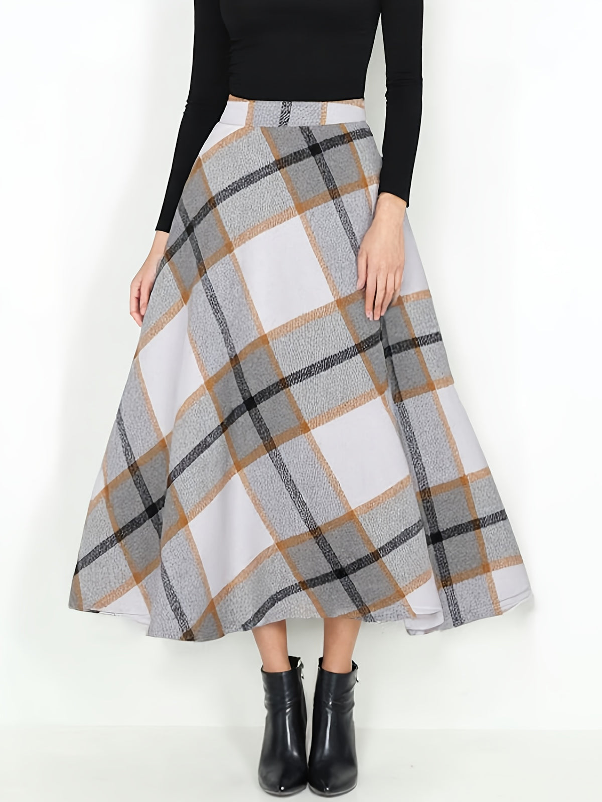 Wool Plaid Maxi Skirt Women A-Line Pleated Elastic Waist Fall Winter Long Skirt Grey M-XXL