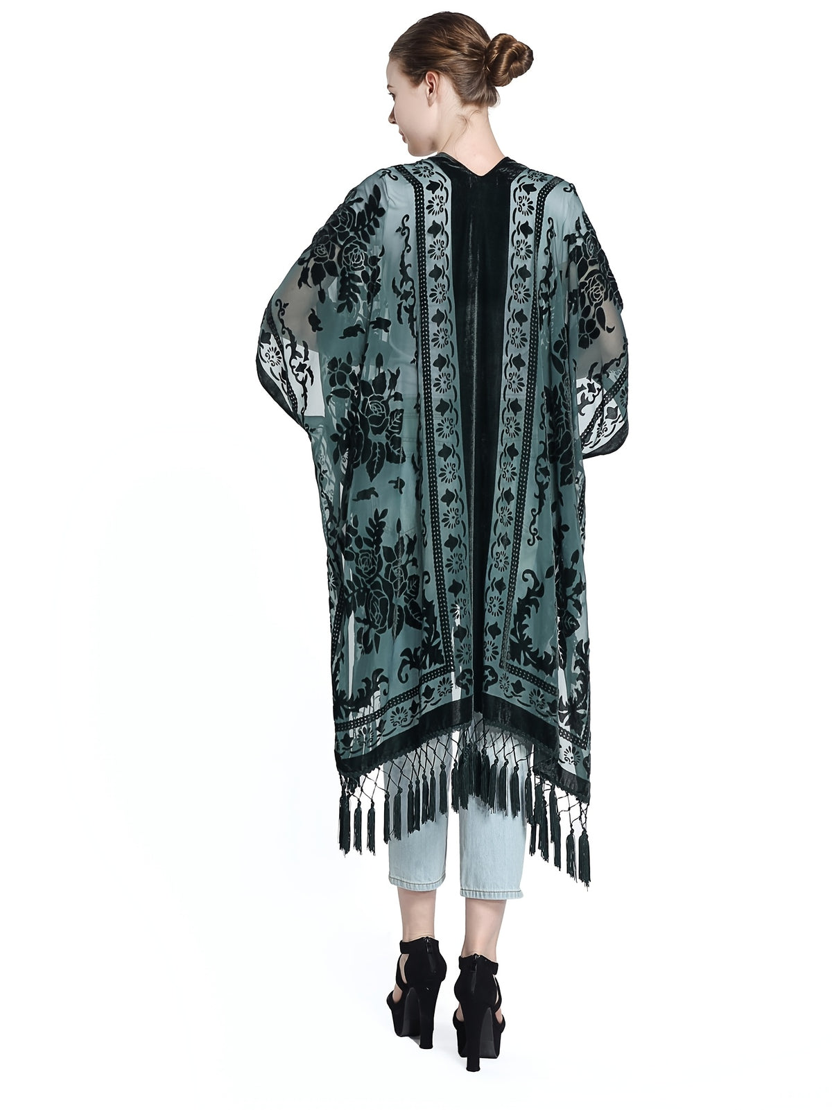 Boho Burnout Velvet Kimono Women Long Cardigan Cover Up Tassel Floral Embroidered One Size