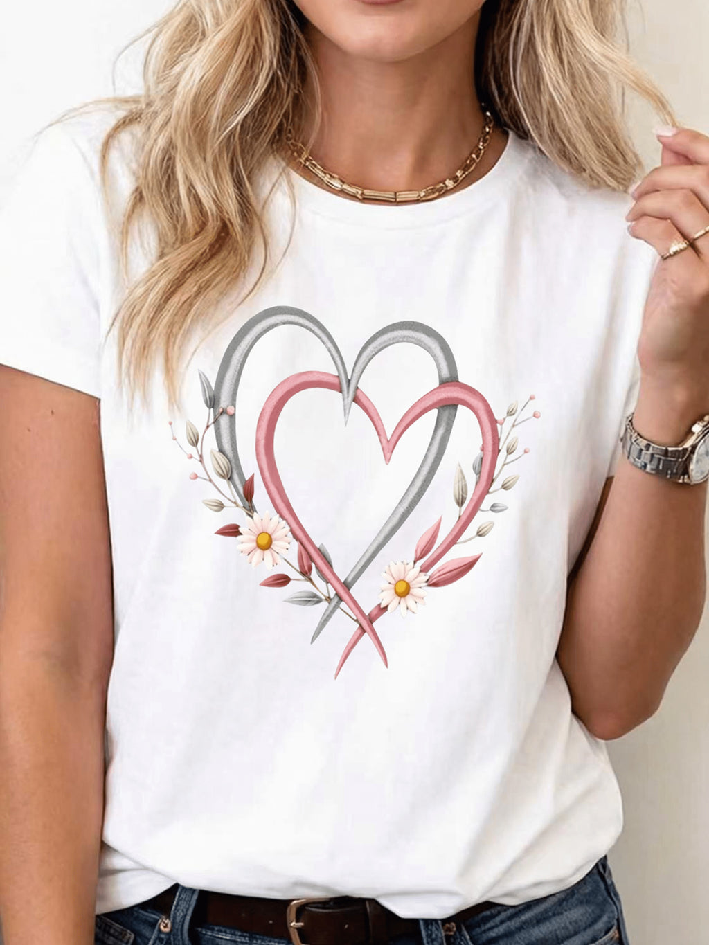 Pink Floral Heart Pattern T-Shirt Women Loose Fit Crew Neck Retro Short Sleeve Casual Top Micro Stretch Wardrobe Essential Spring Summer Autumn S-XXL