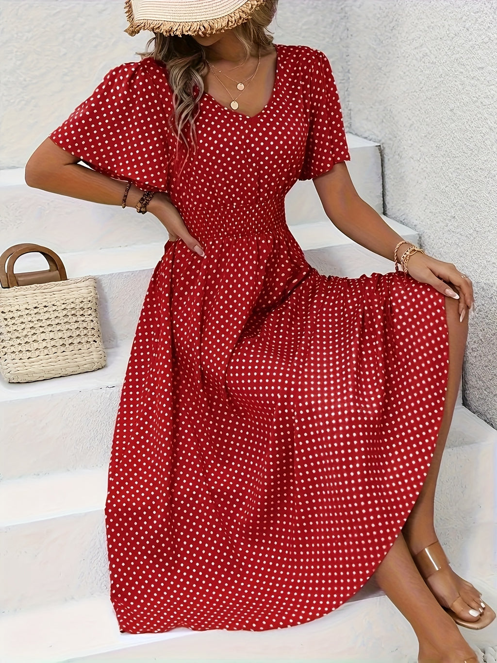 Polka Dot Swing Dress Women V-Neck Ruffled Sleeve Casual Long Dress Waist Enhancing Spring Summer Lightweight Pale Pink Gray Light Blue Green S-XXL