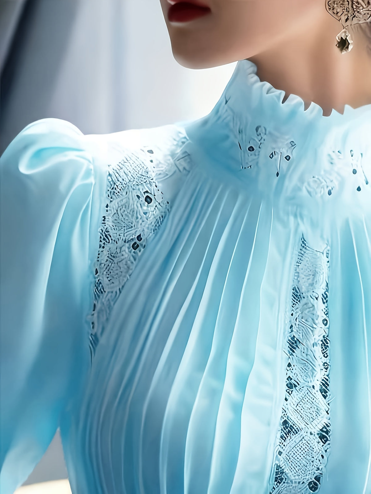 White Hollow Puff Sleeve Blouse Women Ruffled Turtleneck Elegant Luxury Top Designer Style Shirt