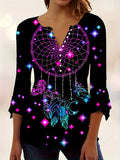 Colorful Print Button V-Neck Blouse Women Irregular Sleeve Knit Stretch Top Spring Autumn Casual S-XXL Black
