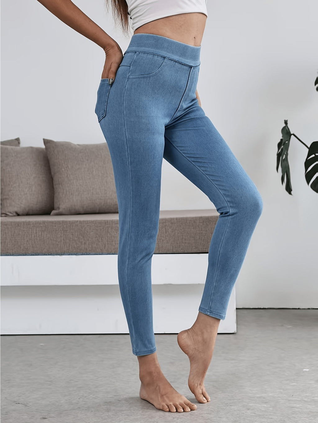 Women's High-Waisted Slim Elastic Pencil Jeans Yoga Pants Navy Black Light Blue All Season