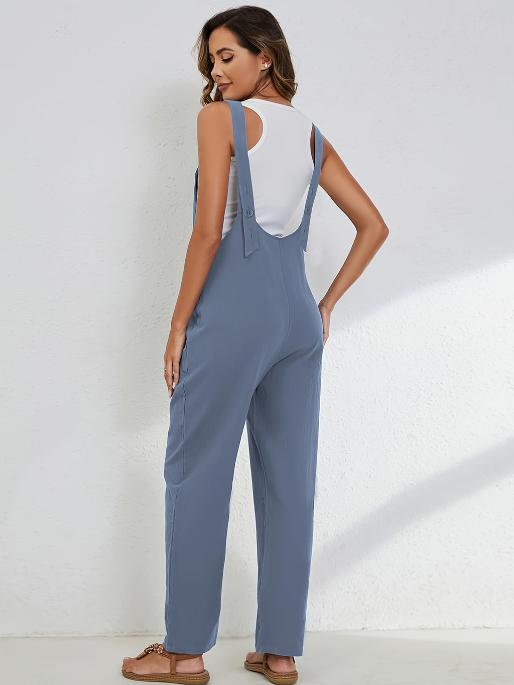 Linen Jumpsuit Women Wide Leg Casual Loose Overalls with Pockets Sleeveless Adjustable Strap Summer Palazzo Pants Romper Beige Black XS-XXL