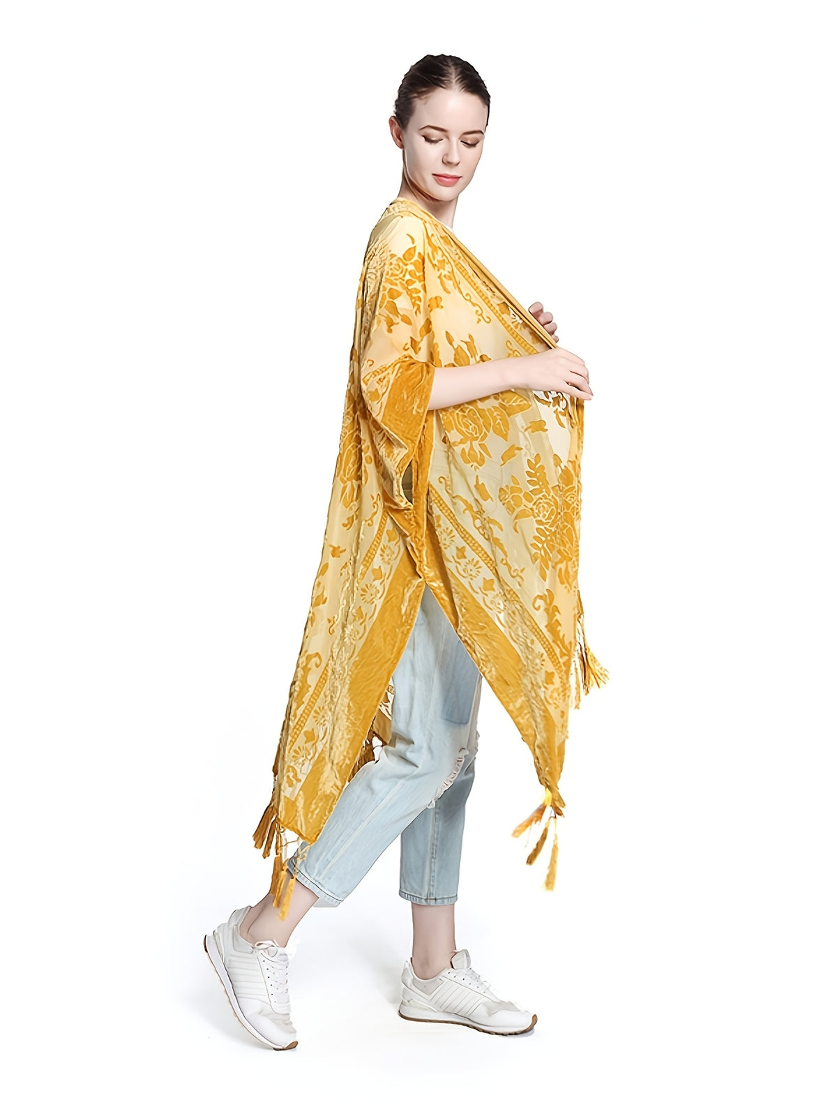Boho Burnout Velvet Kimono Women Long Cardigan Cover Up Tassel Floral Embroidered One Size