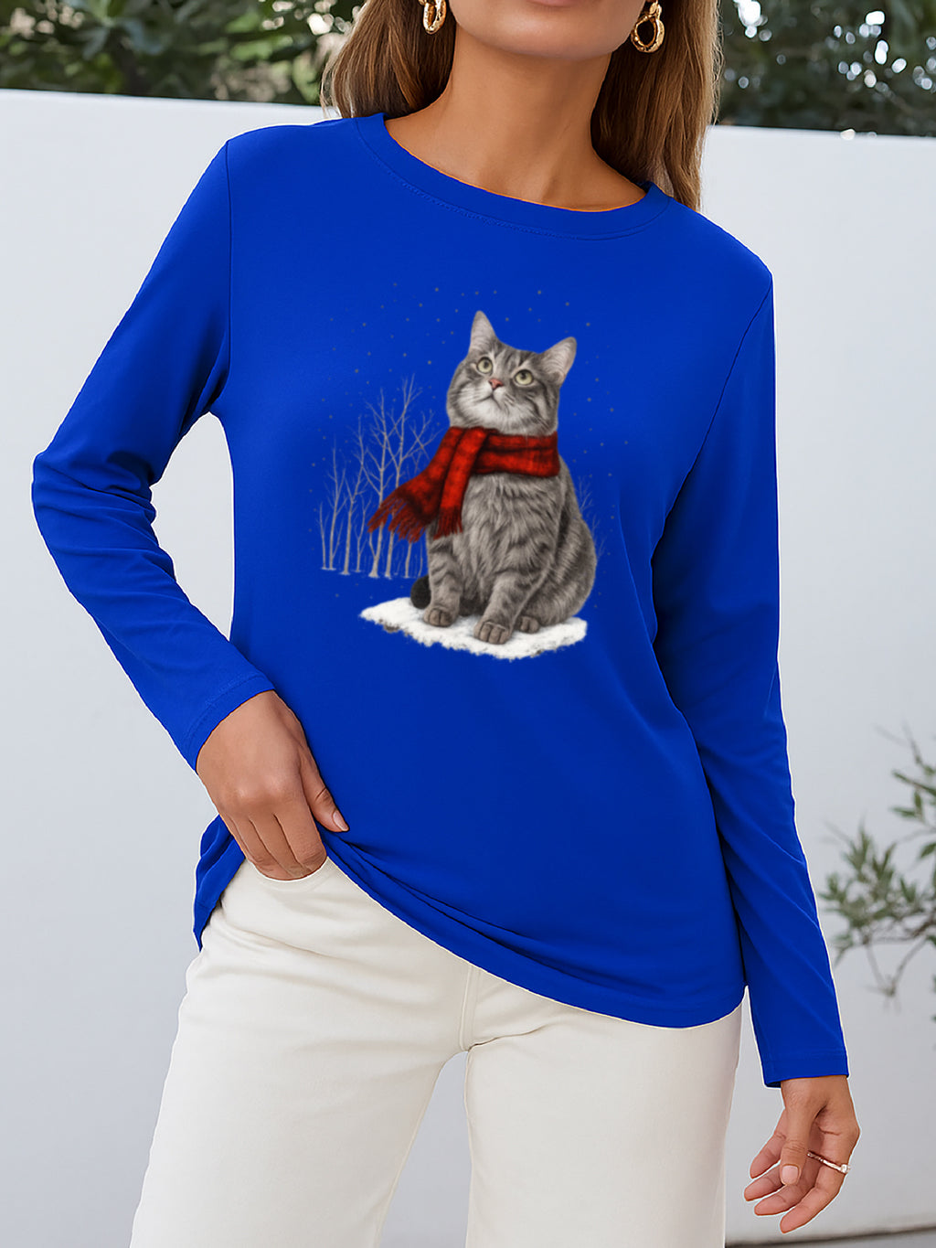 Christmas Cat Print Women Long Sleeve T-Shirt Crew Neck Casual Holiday Graphic Tee Soft Breathable Multi-Color Top Spring Fall