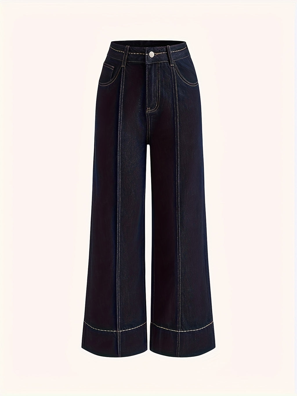 High Waist Straight Leg Jeans Women Dark Blue Retro White Stitch Loose Casual Denim Pants Pockets All Season S-XXL